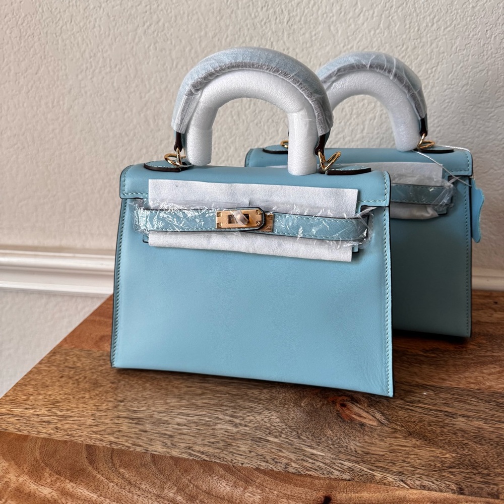 LEATHER INSIDE & OUT | Aqua Sky Mini 22 Sellier Belted KL Top Handle w/ Gold S17 - Picture 2 of 14